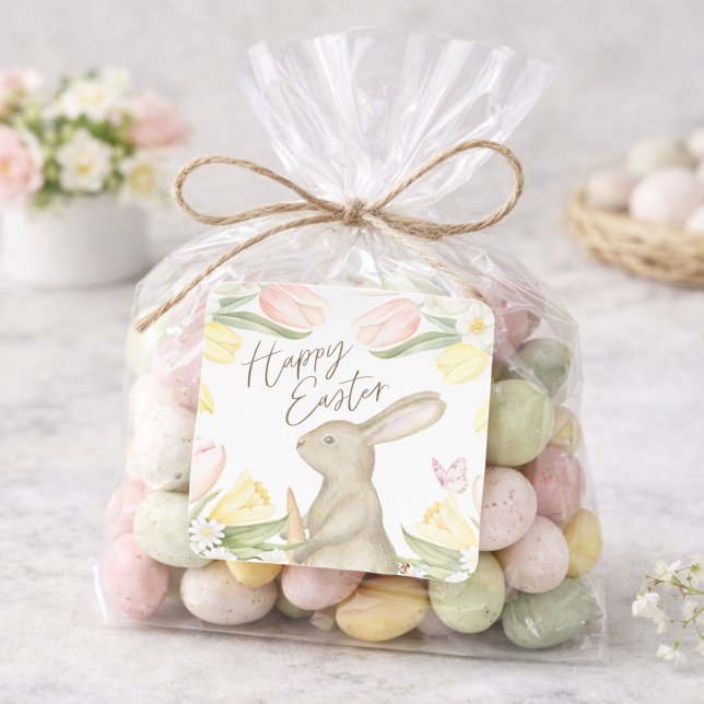 Sticker Carré Pastel Pink Tulips & Yellow Daffodils Happy Easter (Créateur téléchargé)