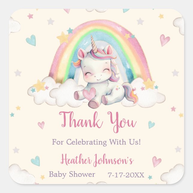 Sticker Carré Pastel Rainbow Unicorn Baby shower (Devant)