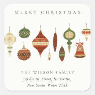 STICKER CARRÉ PASTEL RED GREEN STAR CHIRSTMAS ORNAMENTS ADRESSE