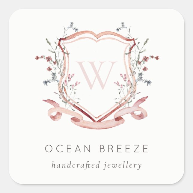 Sticker Carré Pastel Rose Fleur sauvage Aquarelle Crest Monogram (Devant)