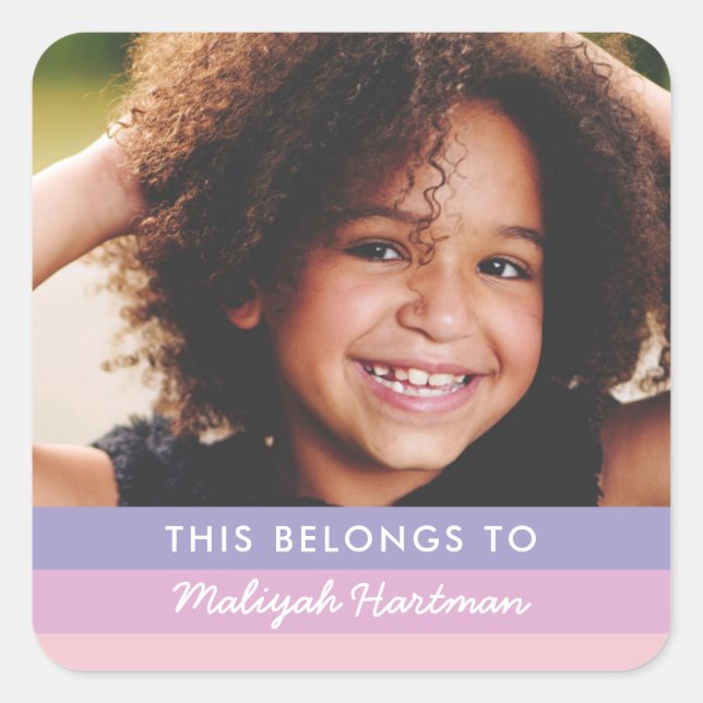 Sticker Carré Pastel Stripes Joli Script Nom Enfants École Viole (Devant)