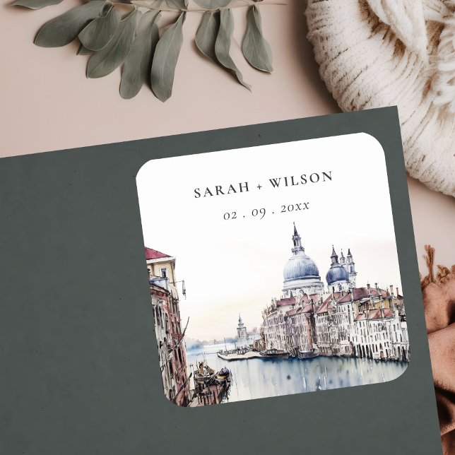 Sticker Carré Pastel Venice Italie Canaux Aquarelle Mariage (Créateur téléchargé)