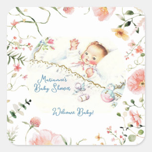 Sticker Carré Pastel Vintage Baby shower bébé fille