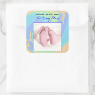 Sticker Carré Pastel Welcome First Born Photo personnalisée