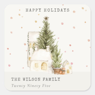 Sticker Carré Pastel White Snow Tree Maisons Joyeuses Fêtes