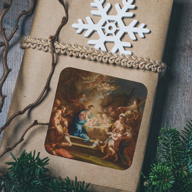Sticker Carré Pasteurs d'adoration Vintage Noël Nativité (The Adoration of the Shepherds by S. Conca Vintage Religious Christmas Nativity Scene Gift Sticker)