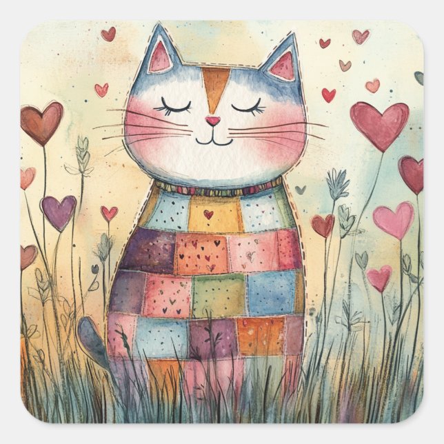 Sticker Carré Patchwork Cat Valentine (Devant)