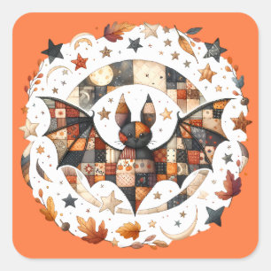 Sticker Carré Patchwork Chat d'Halloween aux couleurs d'automne