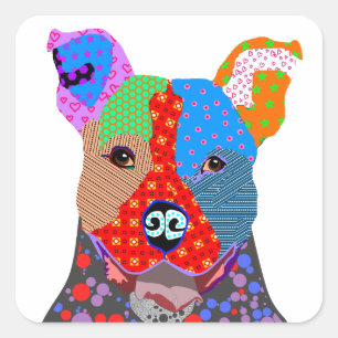 Sticker Carré Patchwork coloré mignon Pitbull Chien