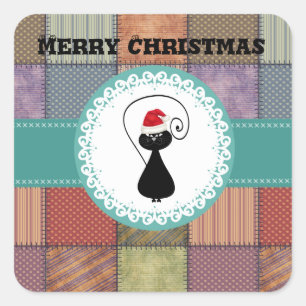 Sticker Carré Patchwork tendance mignonne chatte Père Noël vacan