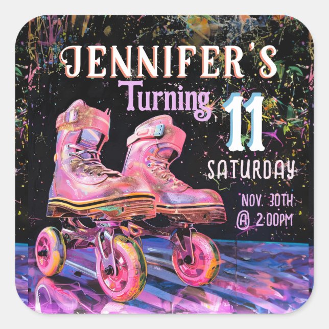 Sticker Carré Patinage Anniversaire Fête Invitation (Devant)