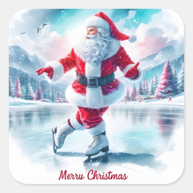 Sticker Carré Patinage de père Noël dans un pays d'hiver (Devant)