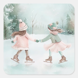 Sticker Carré Patinage pour filles à la menthe et roses - Scène
