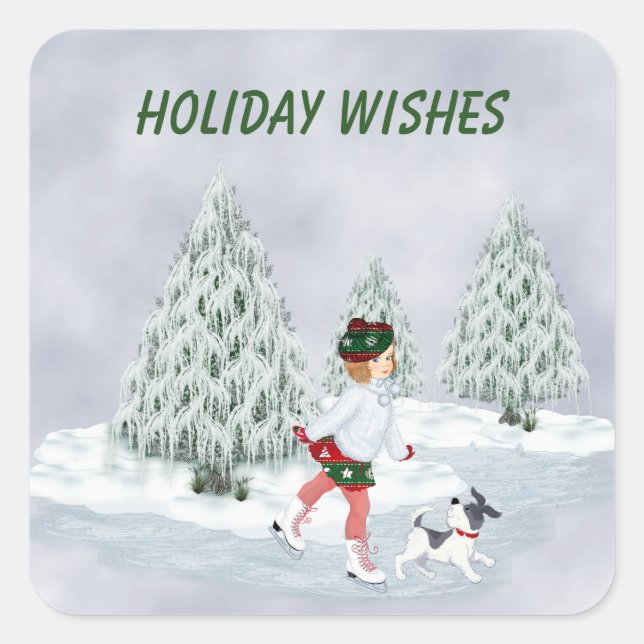 Sticker Carré Patineuse vintage fille et chien (Devant)