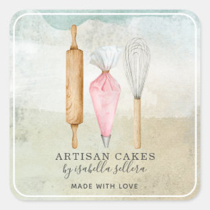 Sticker Carré Pâtisserie Chef Aquarelle Cuisine Ustensiles