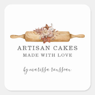 Sticker Carré Pâtisserie Chef Aquarelle Floral Rolling Pin S