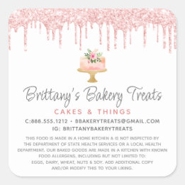 Sticker Carré Pâtisserie Gâteau Rose Pâle Paillettes Dégoulinade