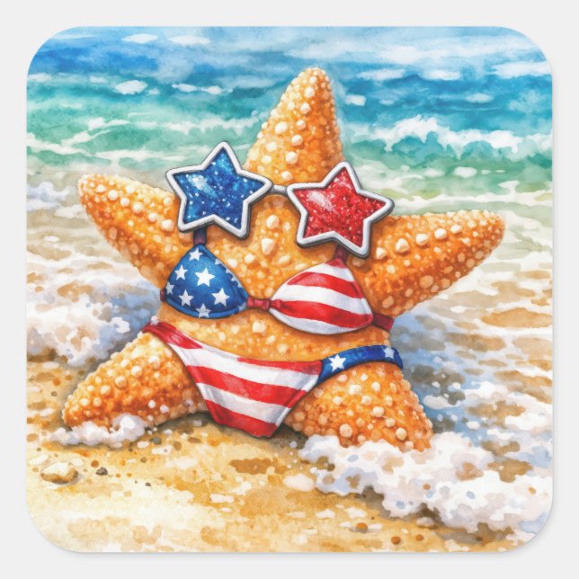 Sticker Carré Patriotic Starfish in Beach Sand (Devant)
