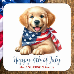 Sticker Carré Patriotique Chiot Golden Retriever Happy 4 juillet