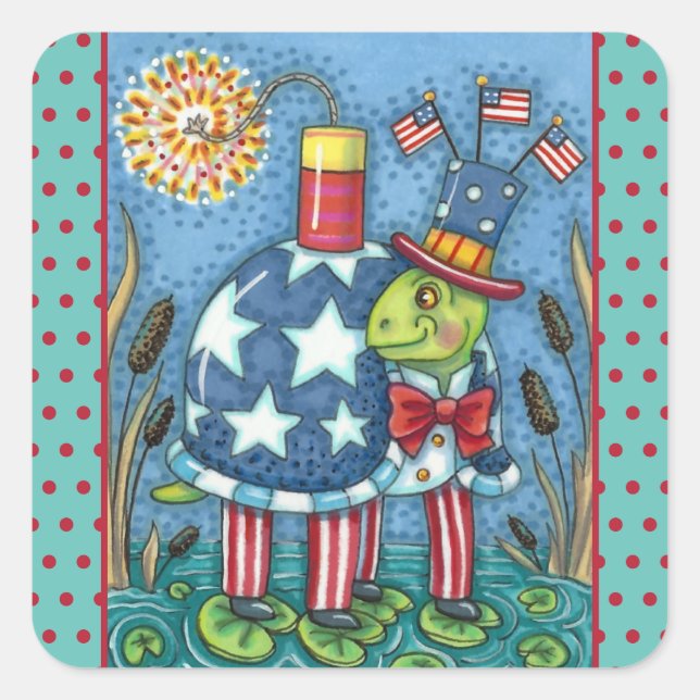 STICKER CARRÉ PATRIOTIQUE ONCLE SAM TURTLE, FUNNY FIRECRACKER MÊ (Devant)