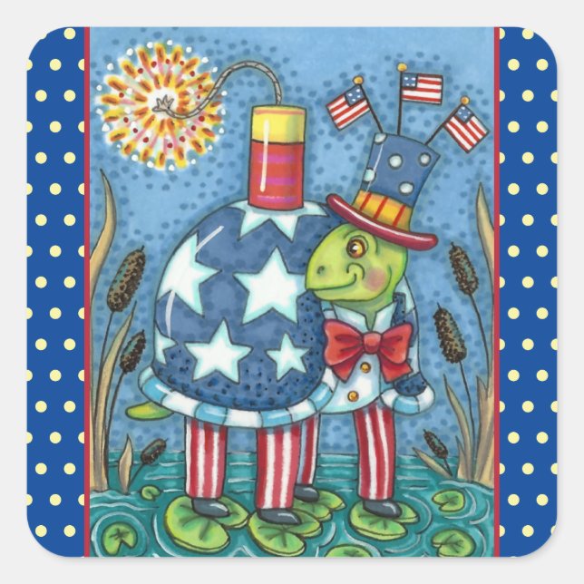STICKER CARRÉ PATRIOTIQUE ONCLE SAM TURTLE, FUNNY FIRECRACKER MÊ (Devant)