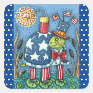 STICKER CARRÉ PATRIOTIQUE ONCLE SAM TURTLE, FUNNY FIRECRACKER MÊ
