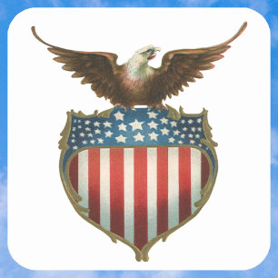 Sticker Carré Patriotisme Rétro, Aigle Fier au-dessus du Drapeau