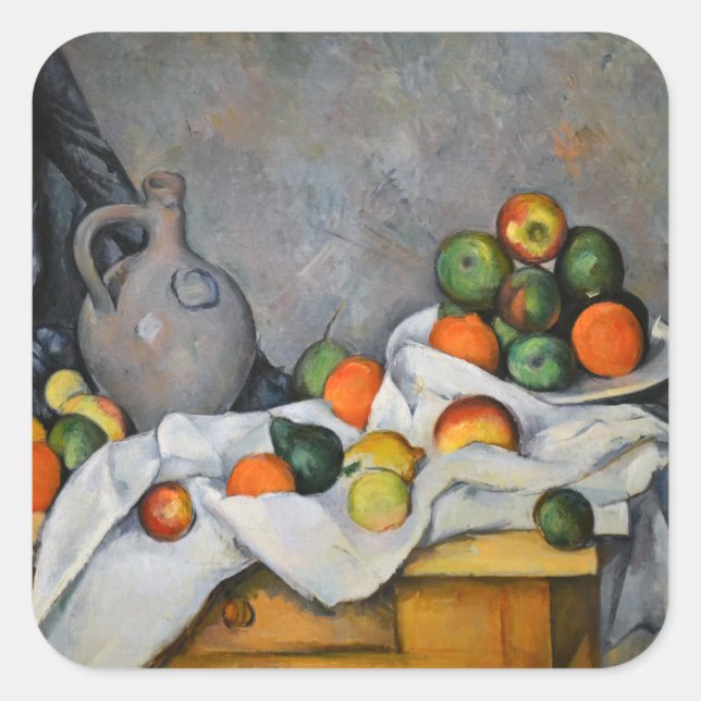 Sticker Carré Paul Cezanne - Rideau, bol de jug et de fruits (Devant)