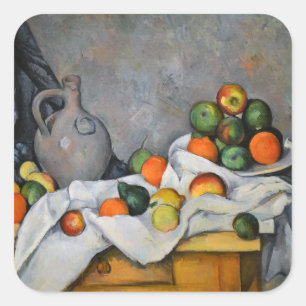 Sticker Carré Paul Cezanne - Rideau, bol de jug et de fruits