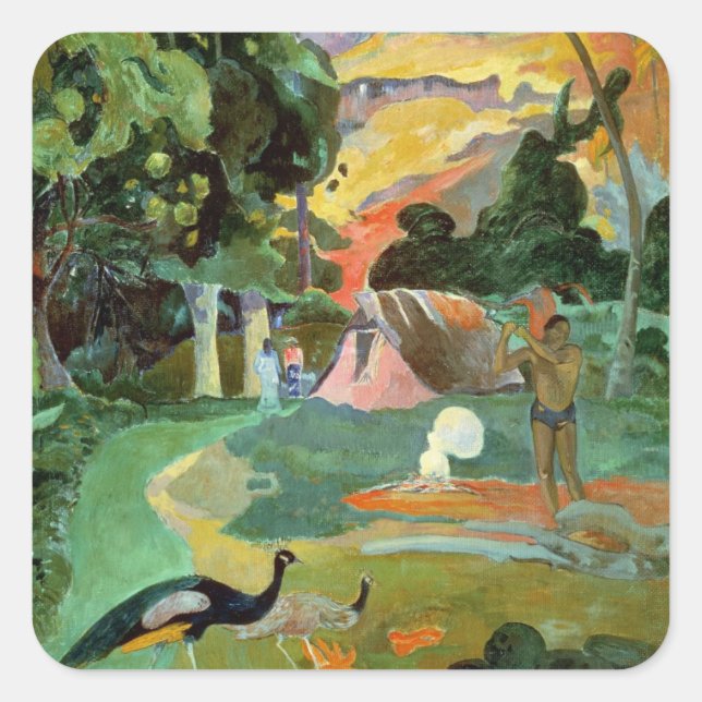 Sticker Carré Paul Gauguin | Matamoe ou, paysage avec des paons (Devant)