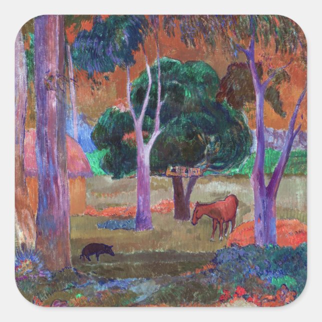 Sticker Carré Paul Gauguin - Paysage avec un cochon et un cheval (Devant)