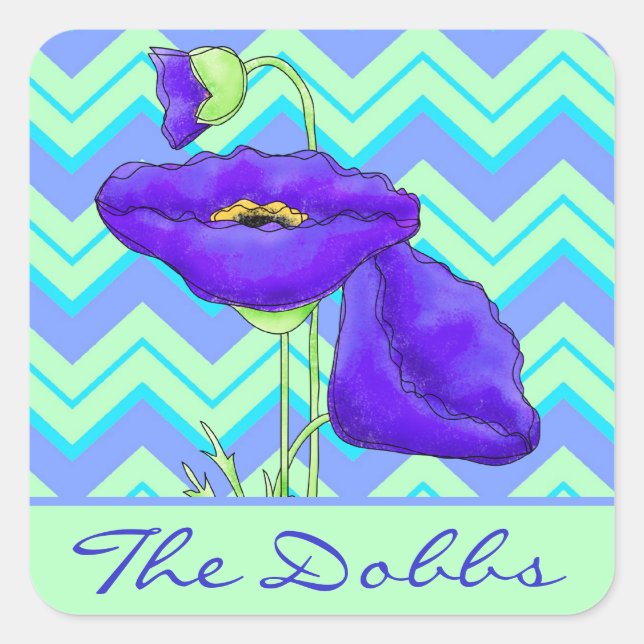 Sticker Carré Pavot pourpre Personnalisé Vert Chevron Zizzag (Devant)