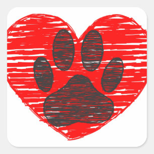 Sticker Carré Paw Chien Croquis Dans Le Coeur Rouge