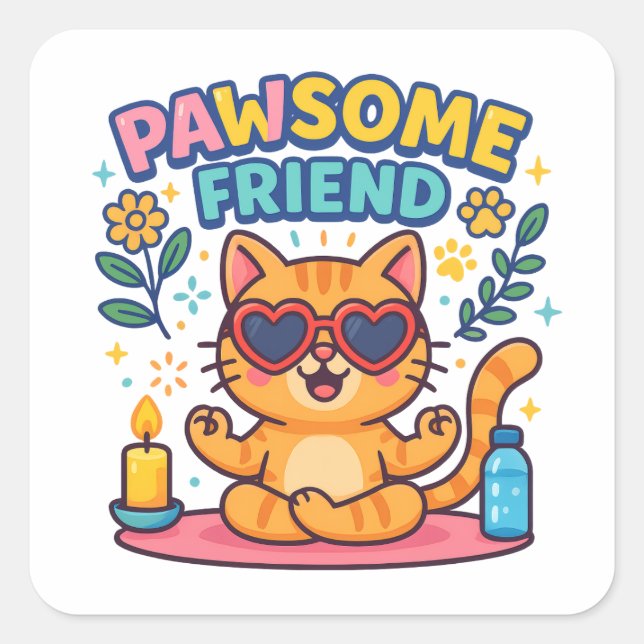 Sticker Carré Pawsome Friend Because Every Cat Deserves Love (Devant)