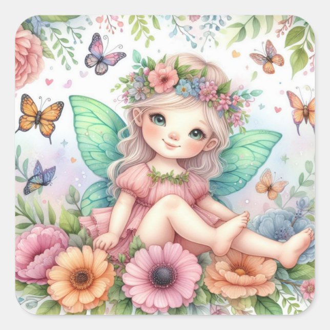 Sticker Carré Pays des fées avec fleurs aquarelle  (Devant)