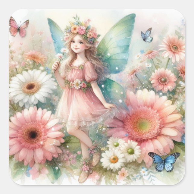 Sticker Carré Pays des fées avec fleurs aquarelle  (Devant)