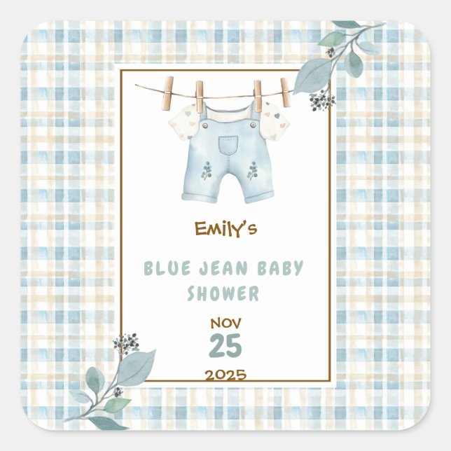 Sticker Carré Pays En vichy Blue Jean Baby shower Bienvenue (Devant)