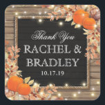 Sticker Carré Pays Rustique Autumn Mariage de automne Favoriser<br><div class="desc">Autocollants de mariage rustique moisson avec un arrière - plan en bois chic pays, pièce centrale en damier noir, corde, citrouilles halloween, feuillage d'automne, glands, un éparpillement de feuilles d'automne, lumières scintillantes à cordes et un mariage personnalisé sticker texte modèle. Pour plus de personnalisation, cliquez sur le bouton "Customiser" pour...</div>