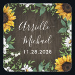 Sticker Carré Pays Rustique Tournesol Fête Mariage Faveur<br><div class="desc">Country Rustic Sunflower Daisy Wedding Favor Stickers - disposent d'un arrière - plan en bois de grange décoré avec des marguerites aquarelles,  tournesols,  verdure,  souffle de bébé,  et lis de la vallée.</div>