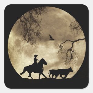 Sticker Carré Pays Western Cowboy et Horse Moon