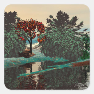 Sticker Carré PAYSAGE ALIEN, ARBRES, HYPERION LAGON Sci Fi