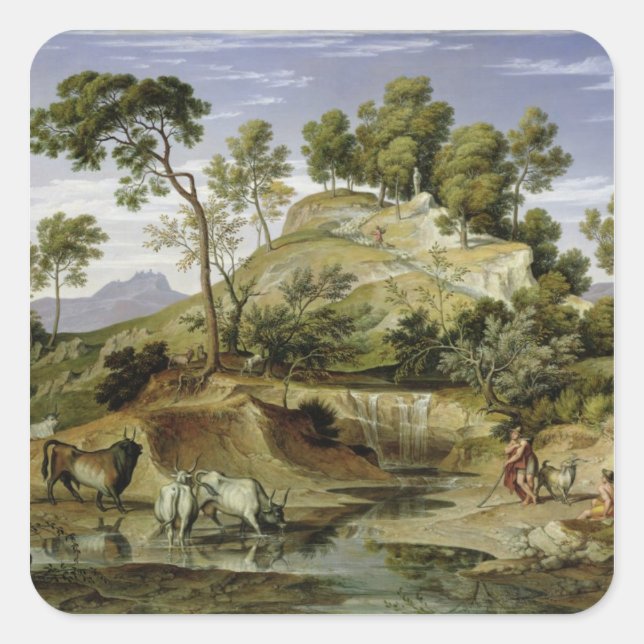 Sticker Carré Paysage avec bergers et vaches (Devant)