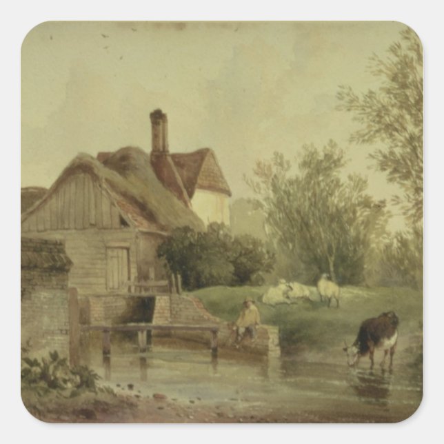 Sticker Carré Paysage avec un chalet (Devant)