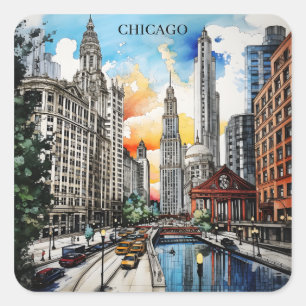Sticker Carré Paysage de Chicago à l'aquarelle – Ville venteuse