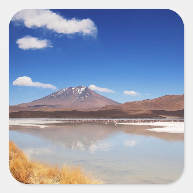 Sticker Carré Paysage de l'Altiplano avec volcan en Bolivie (Devant)