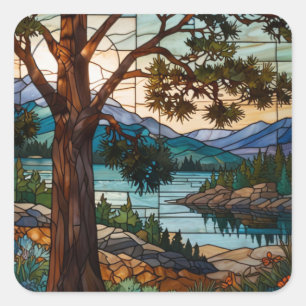 Sticker Carré Paysage de montagne rustique en verre de couleur