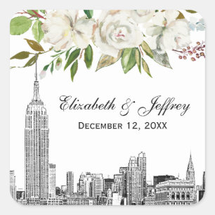 Sticker Carré Paysage de NYC à l'aquarelle florale blanche pour