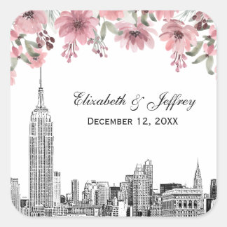 Sticker Carré Paysage de NYC ESB Gravure Fleur Rose Aquarelle 