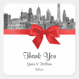 Sticker Carré Paysage de Philadelphie Etiquette BW Rouge Favor