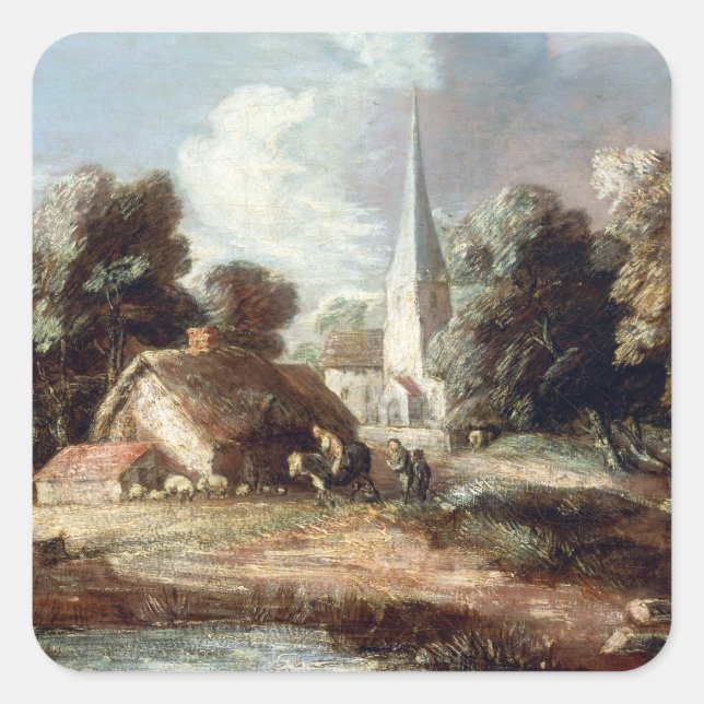 Sticker Carré Paysage de Thomas Gainsborough avec chalet (Devant)